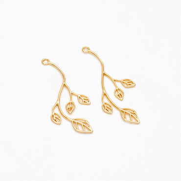 10pcs Gold Leaf Charm 34x13mm, Gold plated Brass, Dainty Branch Pendant (GB-4425-D)