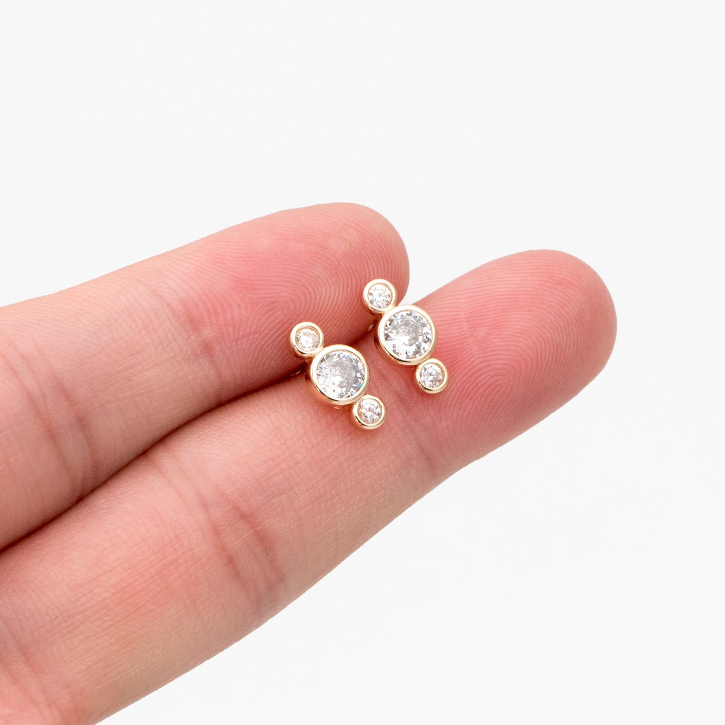 4pcs CZ Pave Trio Round Ear Posts 12x5.5mm, Gold Plated Brass Dainty Stud Earrings (GB-3671-E)