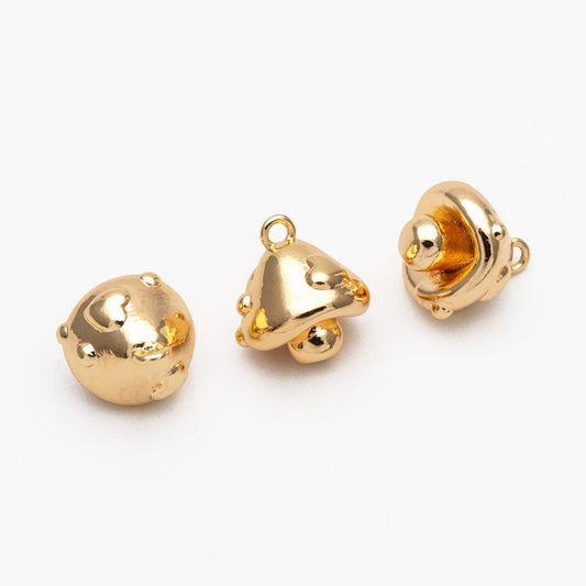10pcs Gold Heart Mushroom Charm 10x8mm, Real Gold plated Brass Mushroom Pendants (GB-4589-J)