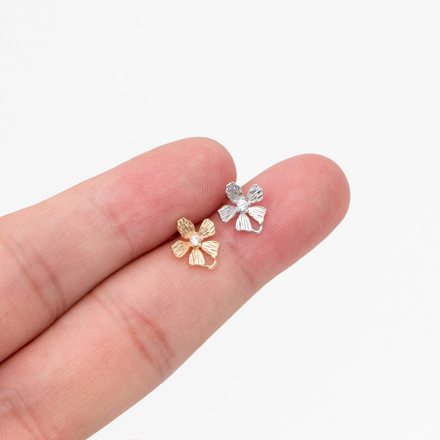 10pcs CZ Pave Gold/ Silver Flower Earring, 18K Gold/ Rhodium Plated Brass, Jewelry Making, Diy Material, Jewelry Supplies (GB-3811)