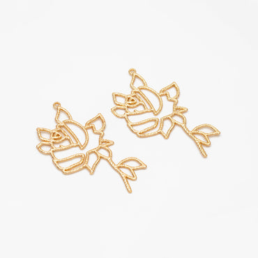 10pcs Gold Hollow Rose Charms 39x25mm, Real Gold plated Brass, Flower Earring Pendants (GB-120-E)