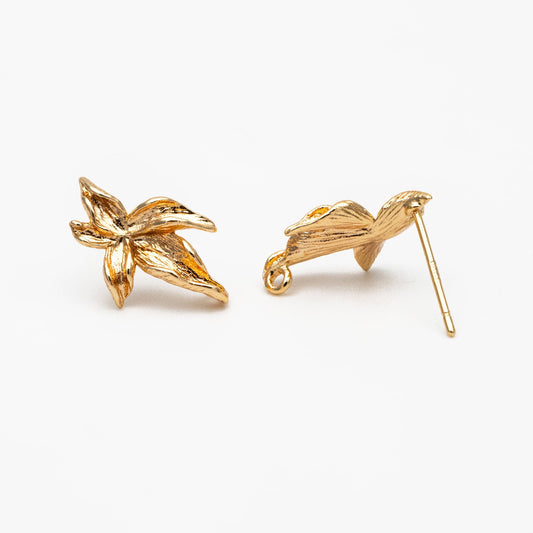 10pcs Gold Flower Stud Earring with Loop, Gold Plated Brass, Jewelry Making, Diy Material, Jewelry Supplies (GB-3787)