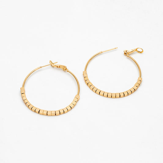 4pcs Gold Cube Beaded Hoop Earrings 40mm, 18K Gold plated Brass, Geometric Hoop Earrings (GB-3785)