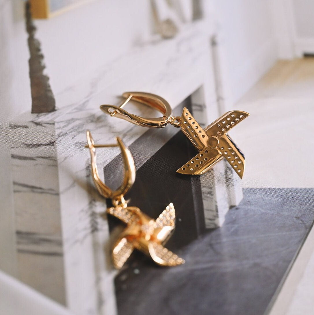 Gold Windmill Dangle Earrings: 18K Gold Plated Brass, CZ Pave Earring (ER-068)