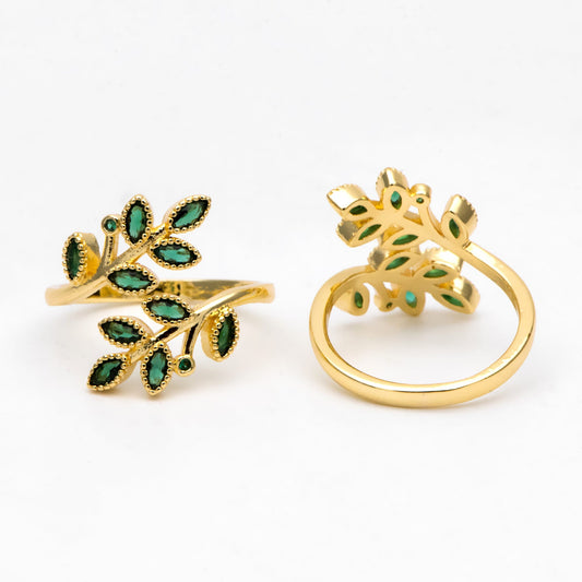 4pcs CZ Pave Gold Emerald Leaf Ring, Branch Ring, Dainty Rings, Adjustable Ring, Nature Ring (#JZ-049)