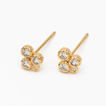 4pcs CZ Pave Three Dot Trio Stud Earring with Loop, Gold Plated Brass, Tiny Trinity Dainty Stud Earring (GB-3851)