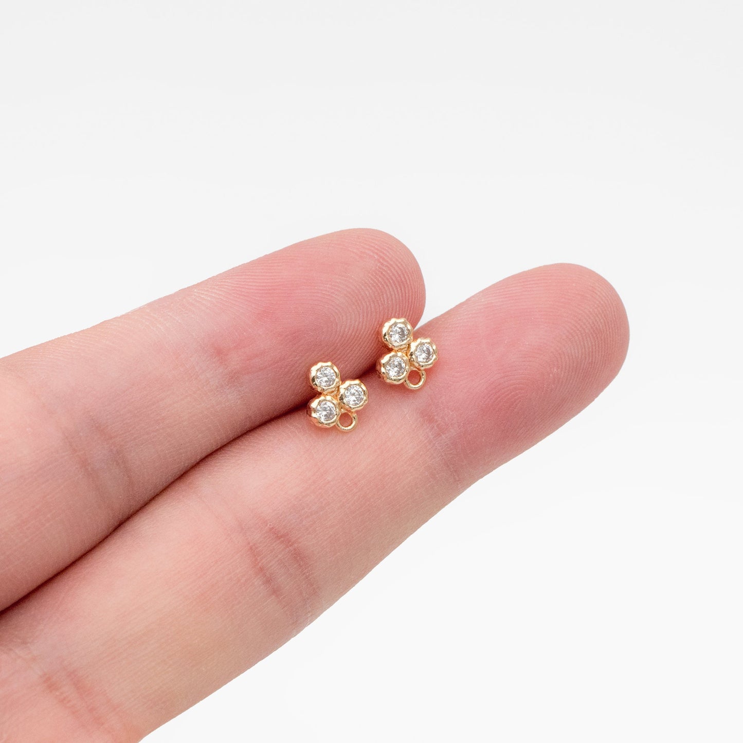 4pcs CZ Pave Three Dot Trio Stud Earring with Loop, Gold Plated Brass, Tiny Trinity Dainty Stud Earring (GB-3851)