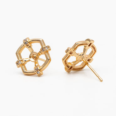 4pcs CZ Pave Gold Earring Posts, Dainty Geometric Stud Earrings, Pearl Peg Earring Mounts, Half Drilled Pearl Earring Settings (#GB-3853)