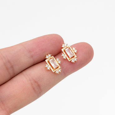 4pcs CZ Pave Rectangle Earring Studs, 18K Gold plated Brass Ear Posts, Geometric Earring Findings (#GB-3633-E)