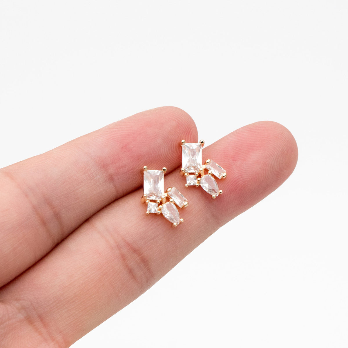 4pcs CZ Cluster Geometric Stud Earrings, 18K Gold Plated Brass, Cubic Zirconia Earrings (#GB-3633-C)