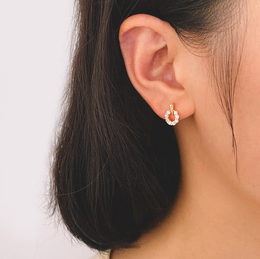 4pcs CZ Pave Round Ear Posts 11x8mm, Gold Plated Brass Circle Stud Earrings (#GB-3445)