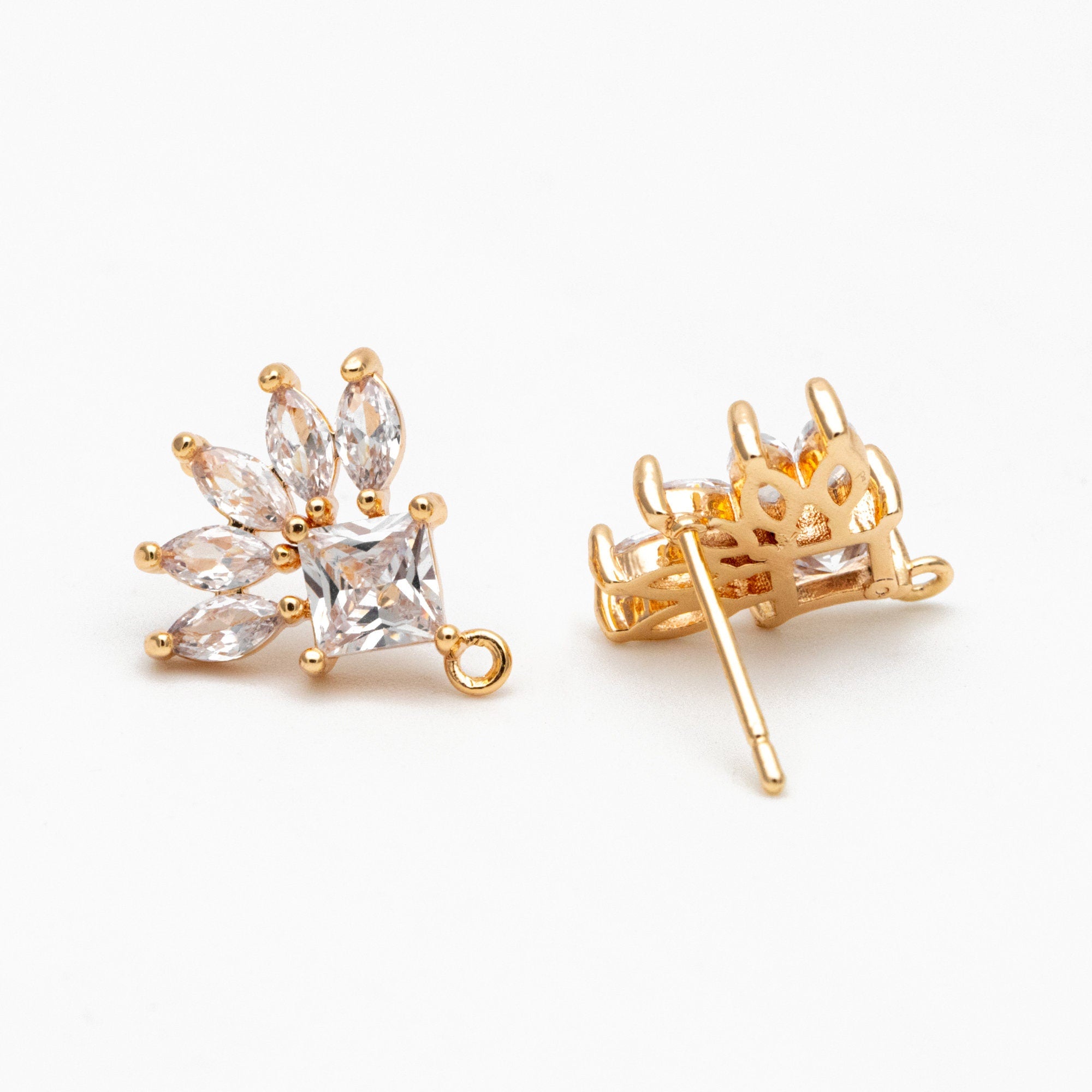 4pcs CZ Pave Rhombus Earrings with Loop, 18K Gold plated Brass Ear Posts, Geometric Earring Findings (#GB-1205-F)