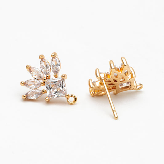 4pcs CZ Pave Rhombus Earrings with Loop, 18K Gold plated Brass Ear Posts, Geometric Earring Findings (#GB-1205-F)