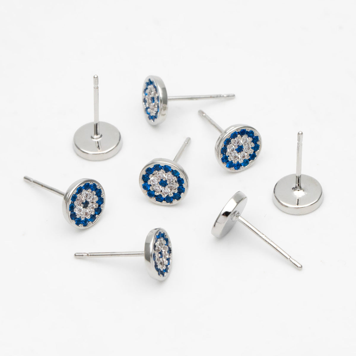 4pcs CZ Pave Round Evil Eye Earring Posts 7mm, Gold Plated Brass Stud Earrings (#GB-2930)
