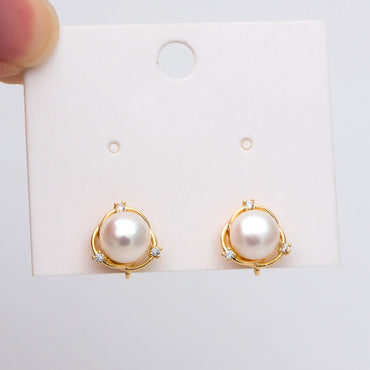 1 pair, Natural Pearl Stud Earrings, 18K Gold plated Brass Ear Posts, 8mm Freshwater Pearls, CZ pave Earring (#PL-55)