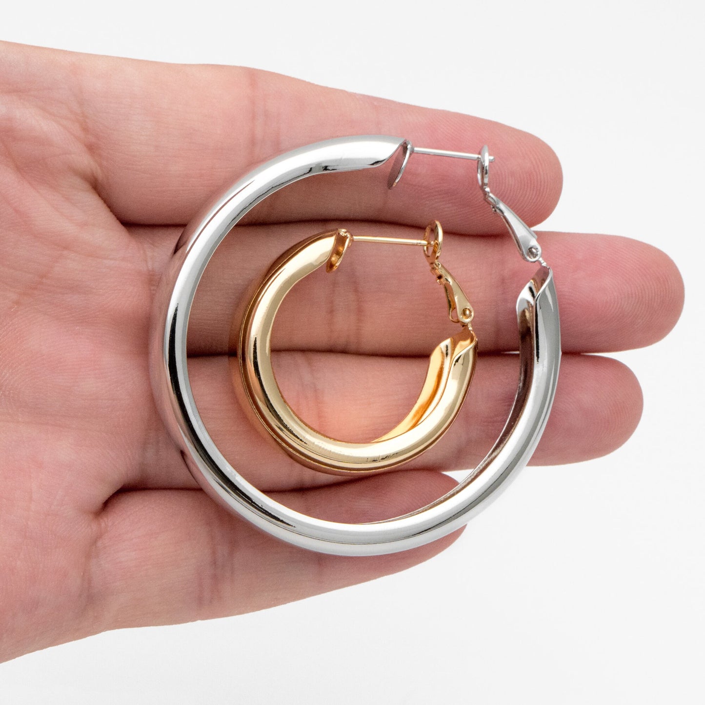 4pcs Chunky Hoop Earring Hooks: Gold/ Rhodium plated Brass, 30/ 50mm (GB-3730)