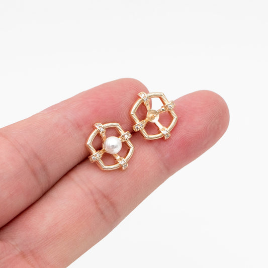 4pcs CZ Pave Gold Earring Posts, Dainty Geometric Stud Earrings, Pearl Peg Earring Mounts, Half Drilled Pearl Earring Settings (#GB-3853)