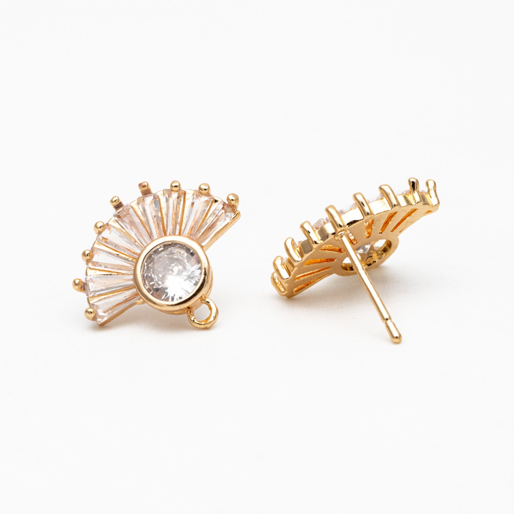 4pcs CZ Pave Gold Fan Shape Earring with Loop, Gold Plated Brass Fan Stud Earrings (#GB-1205-C)