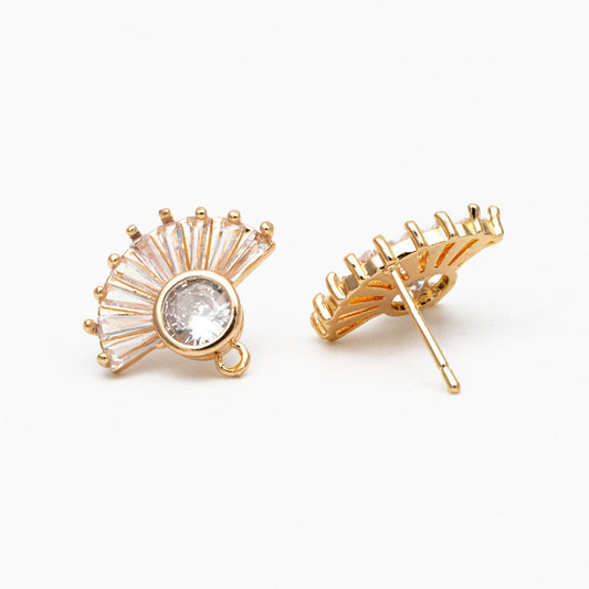 4pcs CZ Pave Gold Fan Shape Earring with Loop, Gold Plated Brass Fan Stud Earrings (#GB-1205-C)