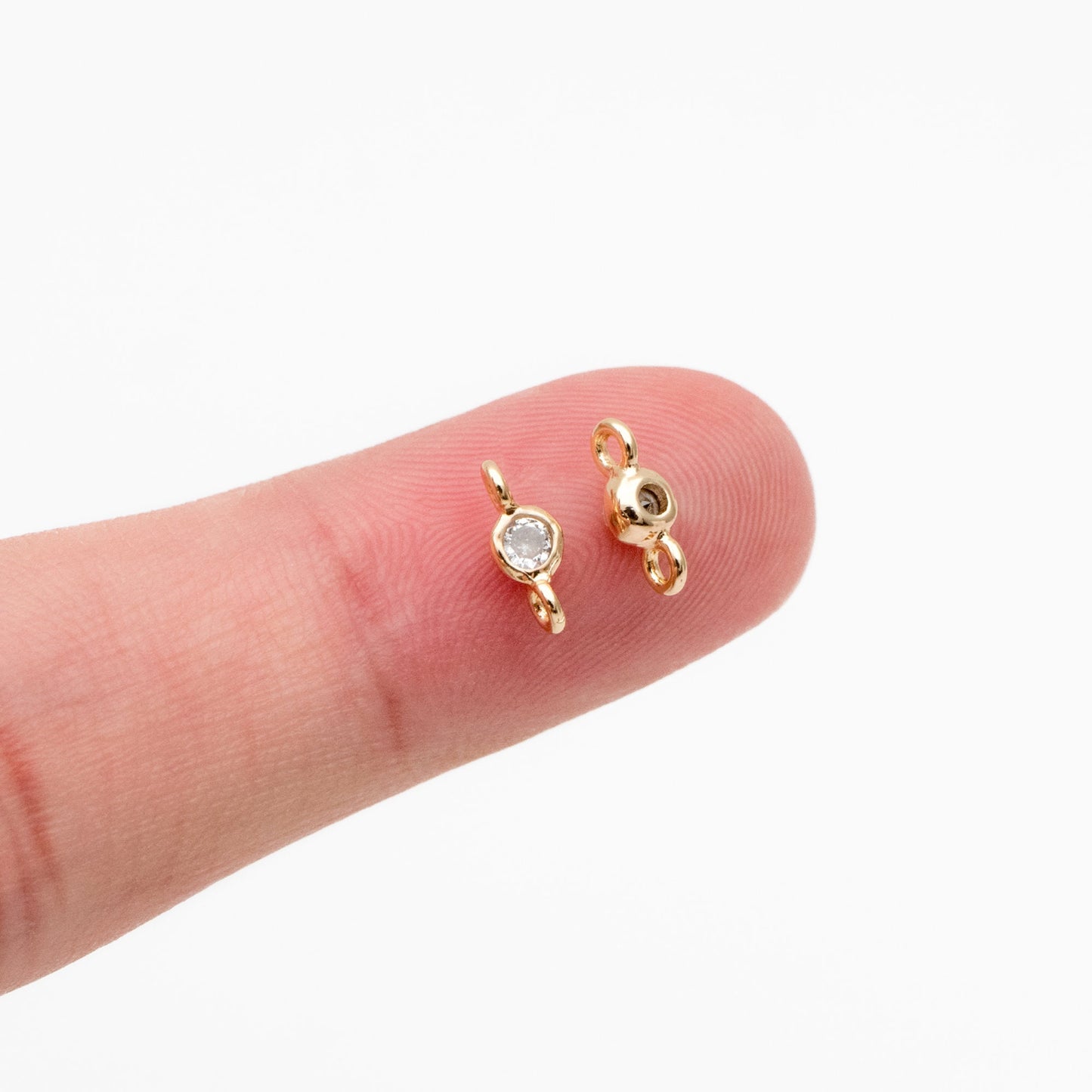 10pcs Round Clear Zircon Charm Connectors 8x3mm, Real Gold plated Brass, Mini Geometric Pendants (GB-3897-B)