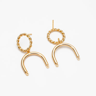 4pcs Gold Twist Hoop Stud Earrings with U-shaped Connector, Gold plated Brass Earpost Findings (GB-3864)