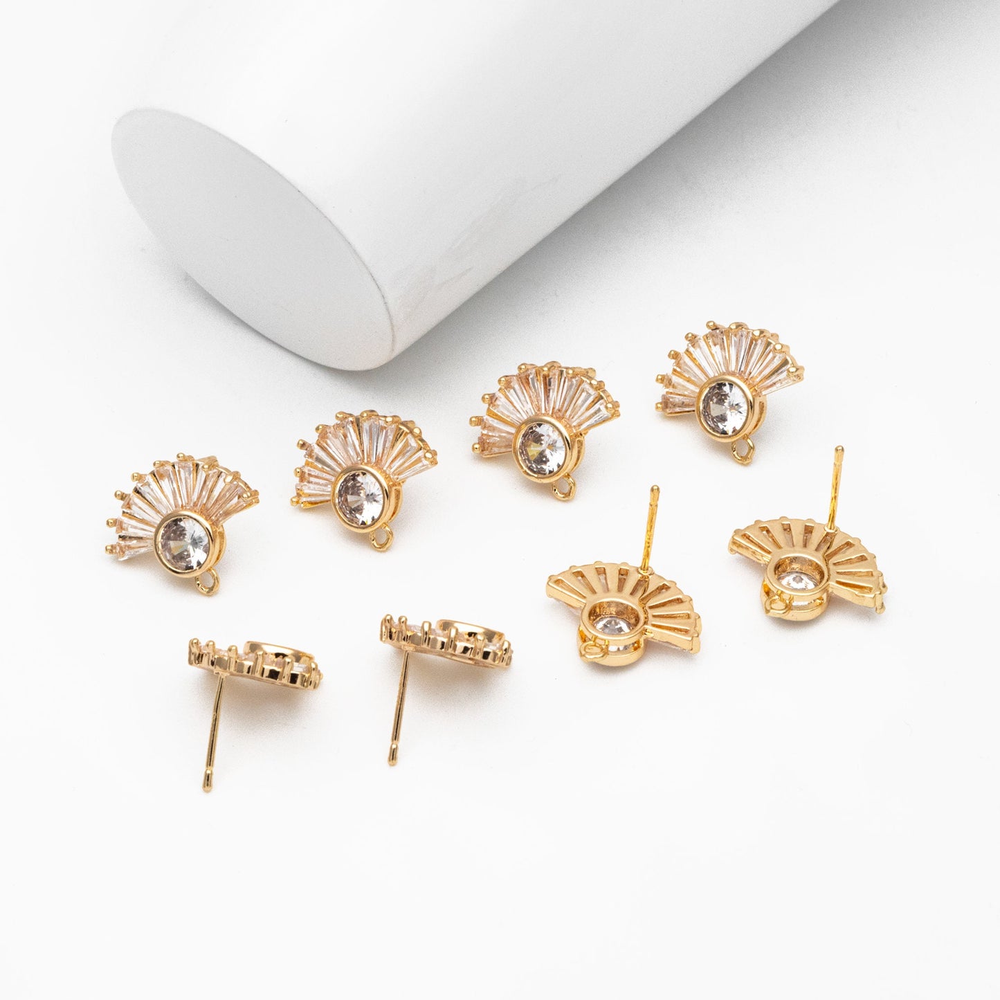 4pcs CZ Pave Gold Fan Shape Earring with Loop, Gold Plated Brass Fan Stud Earrings (#GB-1205-C)