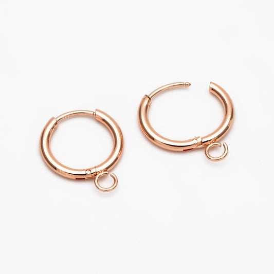 10pcs Huggie Hoop Earrings 14mm, Gold/ Rhodium/ Rose Gold plated over Stainless Steel, Minimalist Hoop Earrings with Loop (GB-2928)