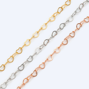 Gold/ Silver tone Heart Chains, Gold/ Rhodium/ Rose Gold plated Brass Designer Chain, 3.5mm Thin Decorative Chains (#LK-105)/ 1 Meter=3.3 ft