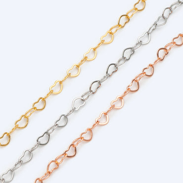 Gold/ Silver tone Heart Chains, Gold/ Rhodium/ Rose Gold plated Brass Designer Chain, 3.5mm Thin Decorative Chains (#LK-105)/ 1 Meter=3.3 ft