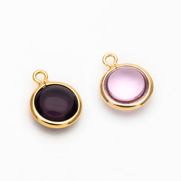 10pcs Gold Framed Crystal Coin Charms 9mm, Gold plated Brass Mini Charms, Purple Brown Pink (GB-130)