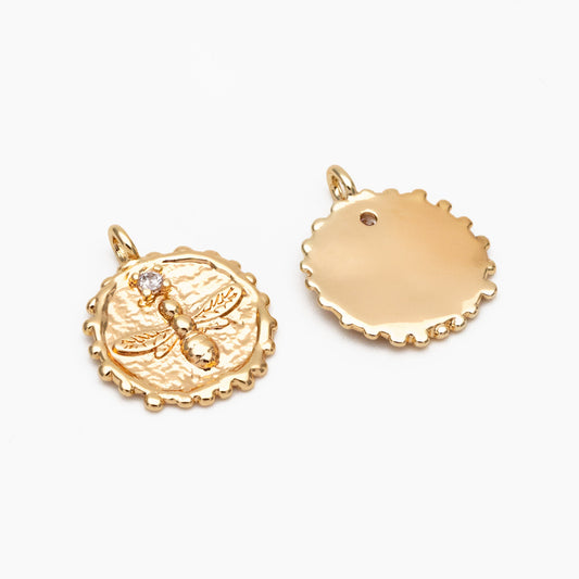 10pcs CZ Pave Gold Bee Fossil Charms, Gear Pendants 16x13mm, Earring Findings, Jewelry Making Supplies (GB-3093-A)