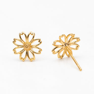 10pcs Gold Hollow Flower Earring, 9mm, Gold Plated Brass Daisy Stud Earrings, DIY Ear Findings (GB-4323-B)