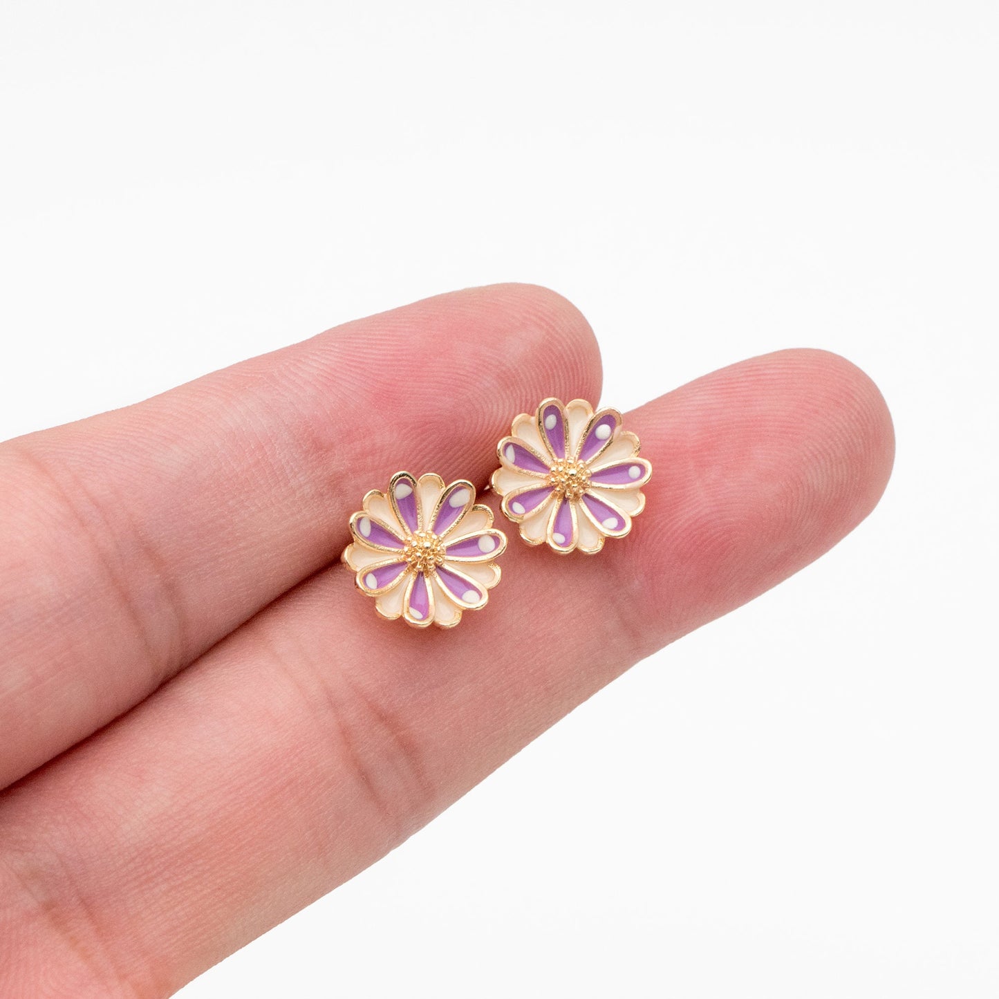 10pcs Gold Enamel Flower Ear Posts 11mm, Gold Plated Brass Stud Earrings, DIY Ear Findings (GB-3948)