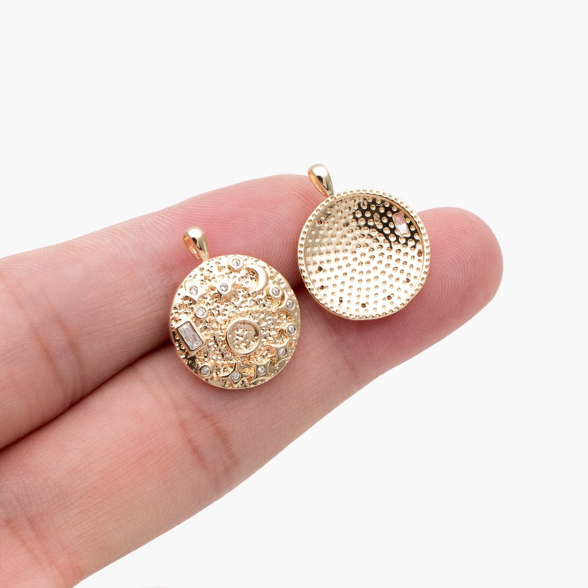 4pcs CZ Pave Gold Round Moon Star Charms, 18K Gold plated Brass, Disk Pendants (GB-2394-D)
