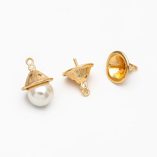10pcs CZ Pave Gold Bead Caps, Real Gold plated Brass, Peg For Half Drilled Pearl Mounts, Peg Pearl Findings (GB-4773-G)