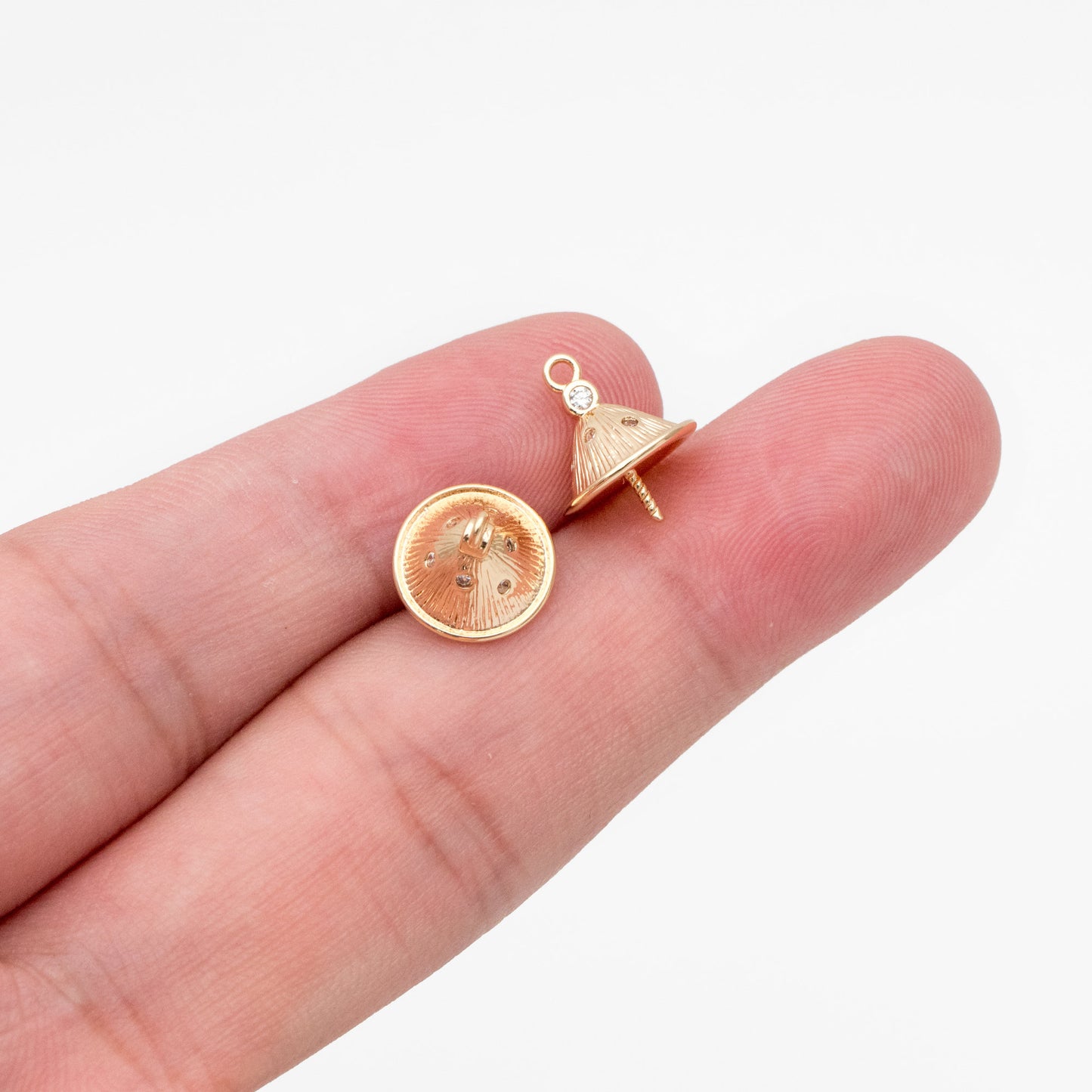 10pcs CZ Pave Gold Bead Caps, Real Gold plated Brass, Peg For Half Drilled Pearl Mounts, Peg Pearl Findings (GB-4773-G)