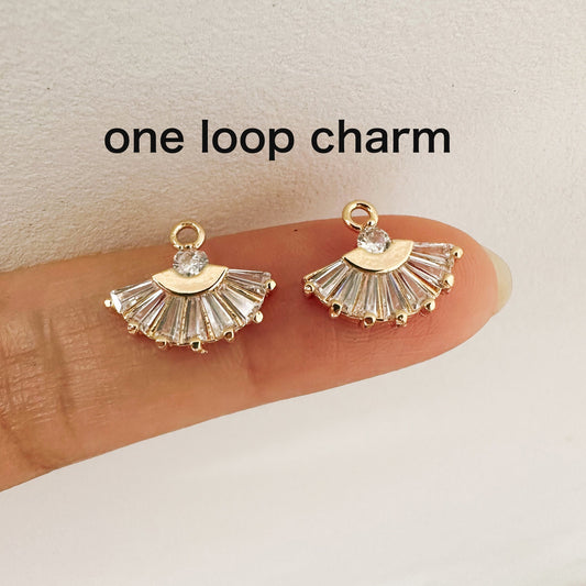4pcs CZ Pave Gold/ Silver Fan Shaped Charm Connectors 14mm, 18K Gold plated on Brass (GB-539)