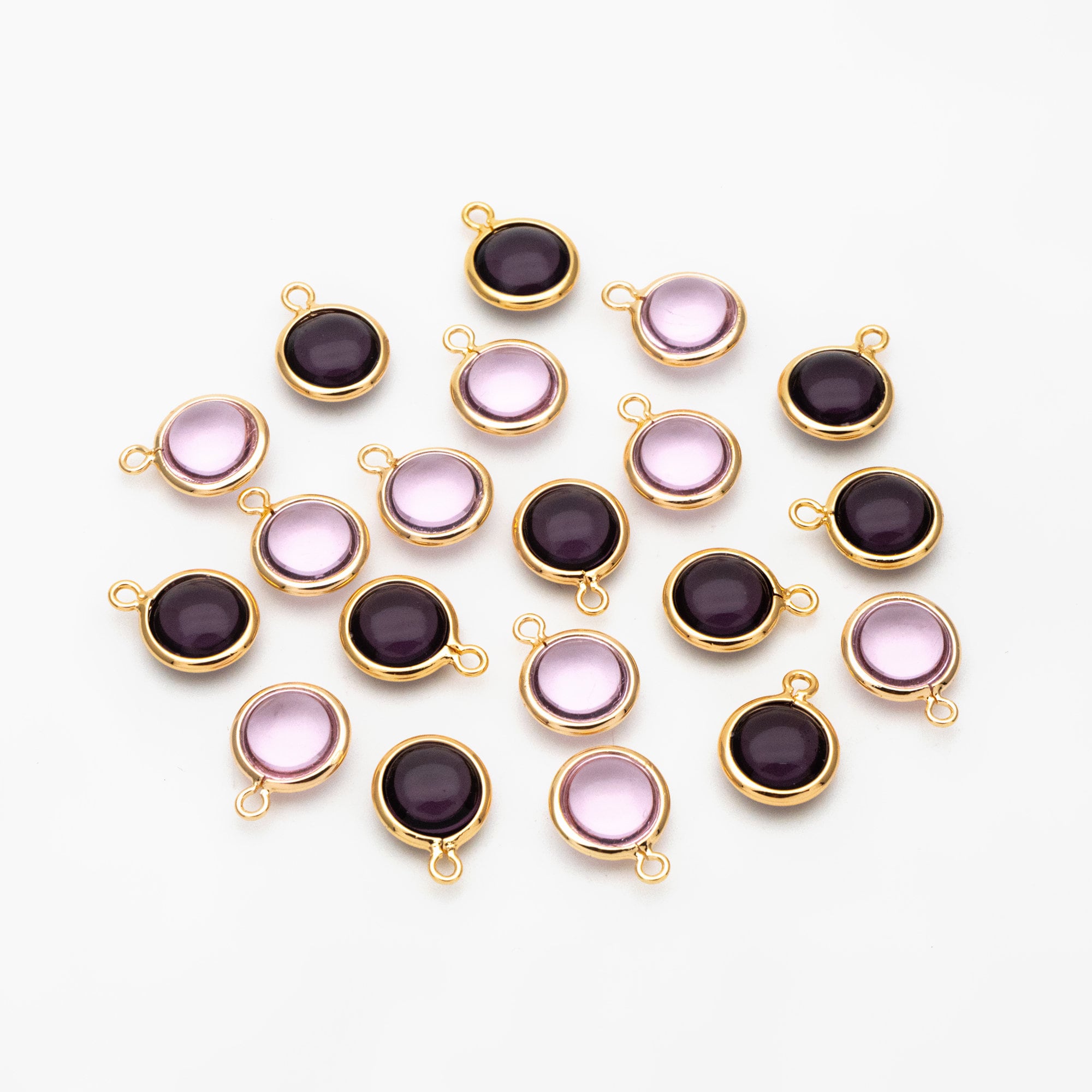 10pcs Gold Framed Crystal Coin Charms 9mm, Gold plated Brass Mini Charms, Purple Brown Pink (GB-130)
