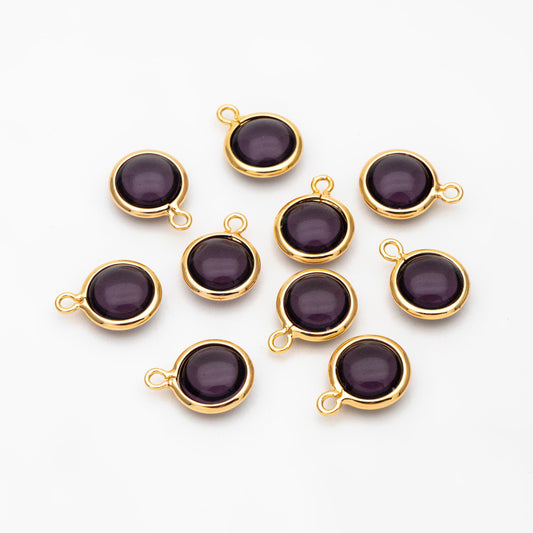 10pcs Gold Framed Crystal Coin Charms 9mm, Gold plated Brass Mini Charms, Purple Brown Pink (GB-130)