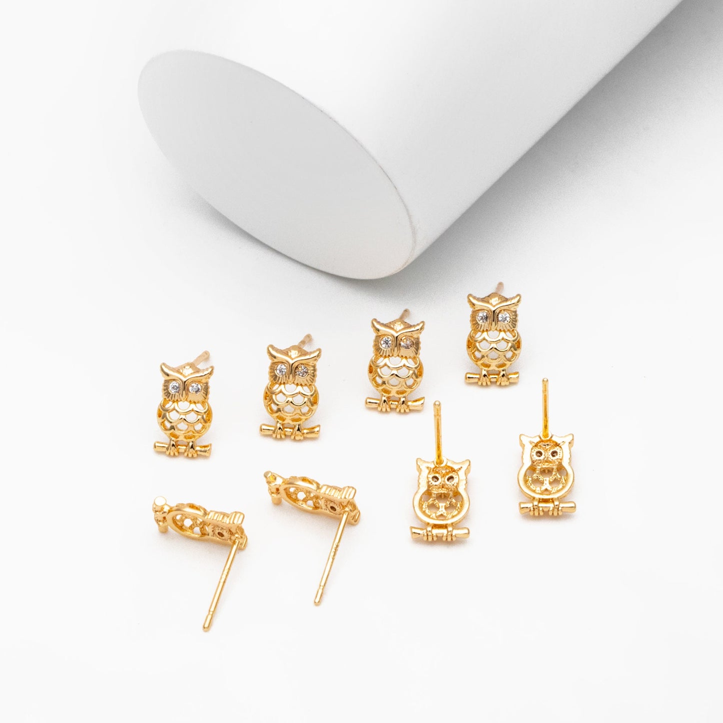 10pcs CZ Pave Gold Owl Earrings 11x7mm, Gold Plated Brass, Bird Stud Earrings (GB-3999)