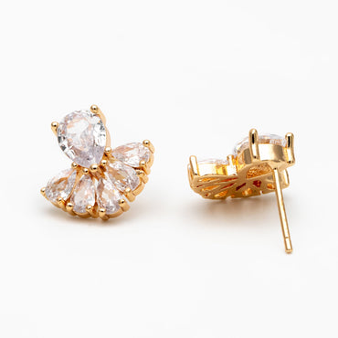 4pcs CZ Pave Gold Fan Shape Earring Posts, Gold Plated Brass Fan Stud Earrings (GB-3961)