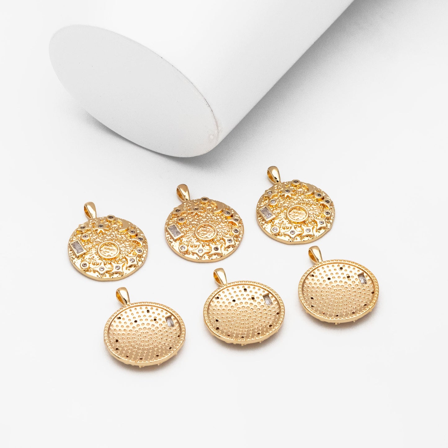 4pcs CZ Pave Gold Round Moon Star Charms, 18K Gold plated Brass, Disk Pendants (GB-2394-D)