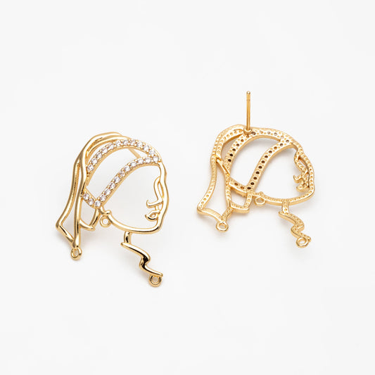 4pcs CZ Pave Gold Girl Earring with 3 Loops, Beauty Stud Earrings, Art Lover Earring, Earring Supplies (GB-4041)