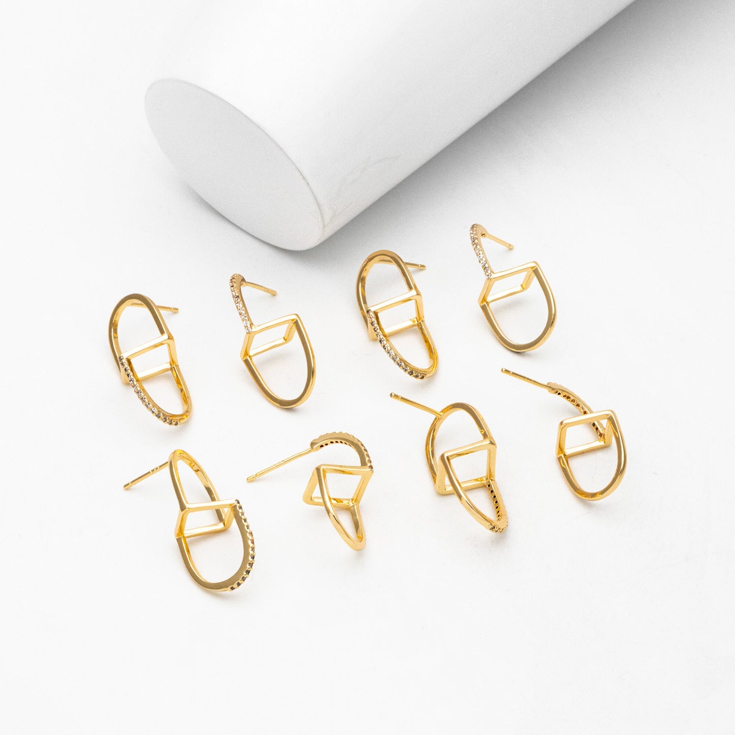 4pcs CZ Pave Gold Asymmetry Earrings, 18K Gold plated Brass Geometric Stud Earrings (GB-3912)