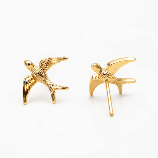 10pcs Gold/ Silver Swallow Earrings 12x15mm, Gold/ Rhodium Plated Brass Bird Stud Earrings (GB-4044)