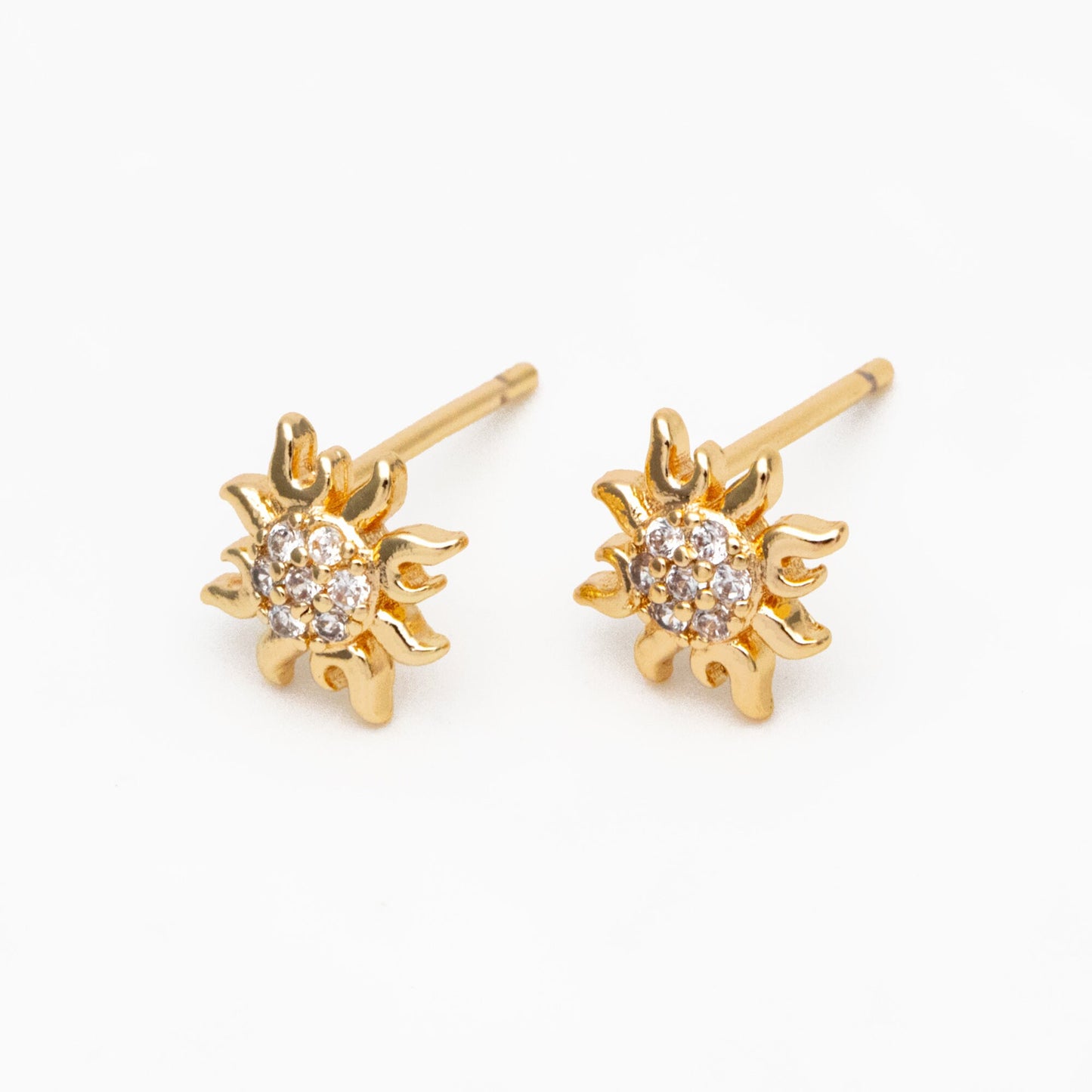 10pcs CZ Pave Gold Sun Earrings 9mm, Real Gold Plated Brass Stud Earrings (#GB-3041-L)
