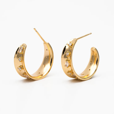 4pcs CZ Pave Gold Round Circle Earrings, Gold plated Brass, Geometric Hoop Stud Earrings (GB-4027)
