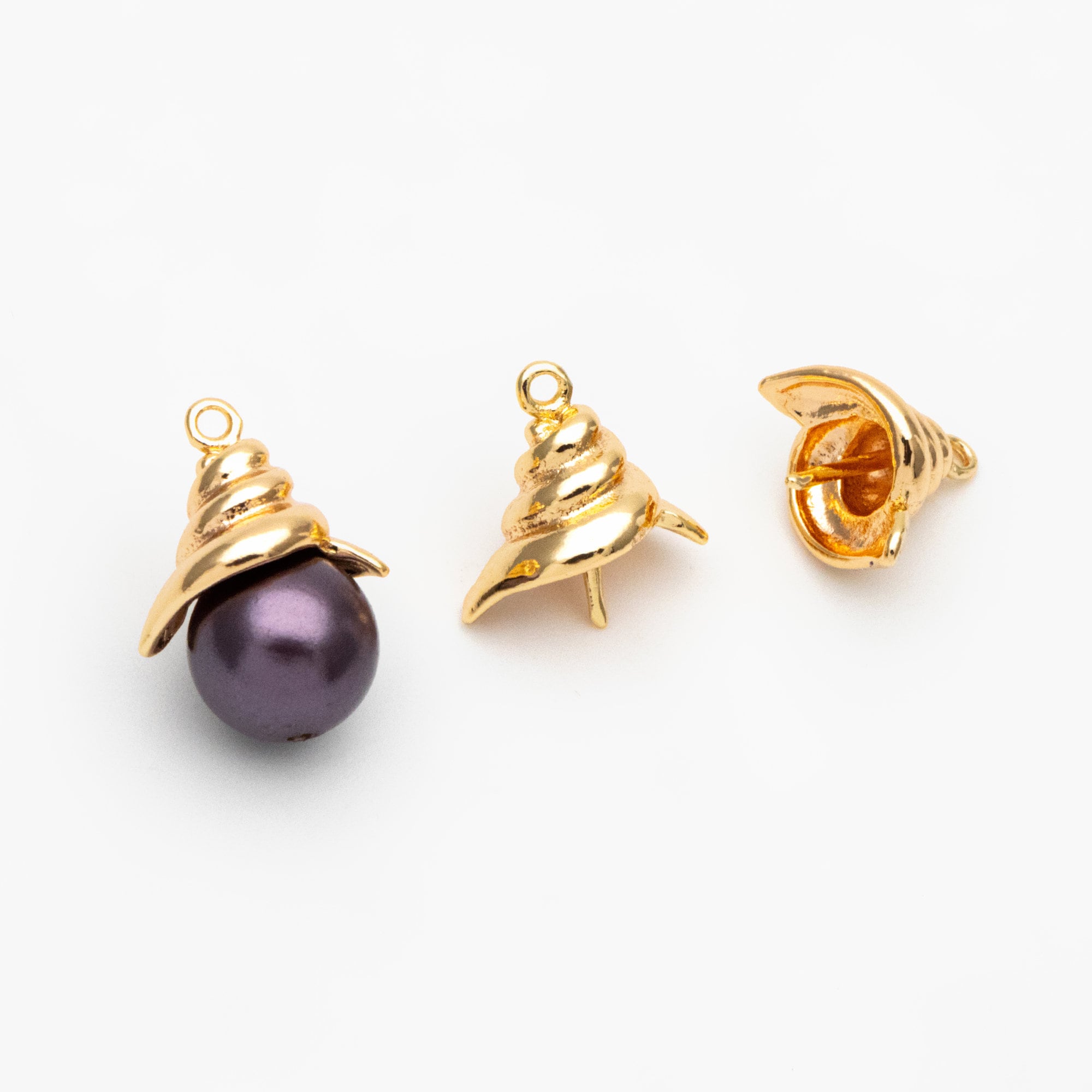 10pcs Gold Conch Caps, Real Gold plated Brass, Peg For Half Drilled Pearl Mounts, Peg Pearl Findings (GB-4773-F)