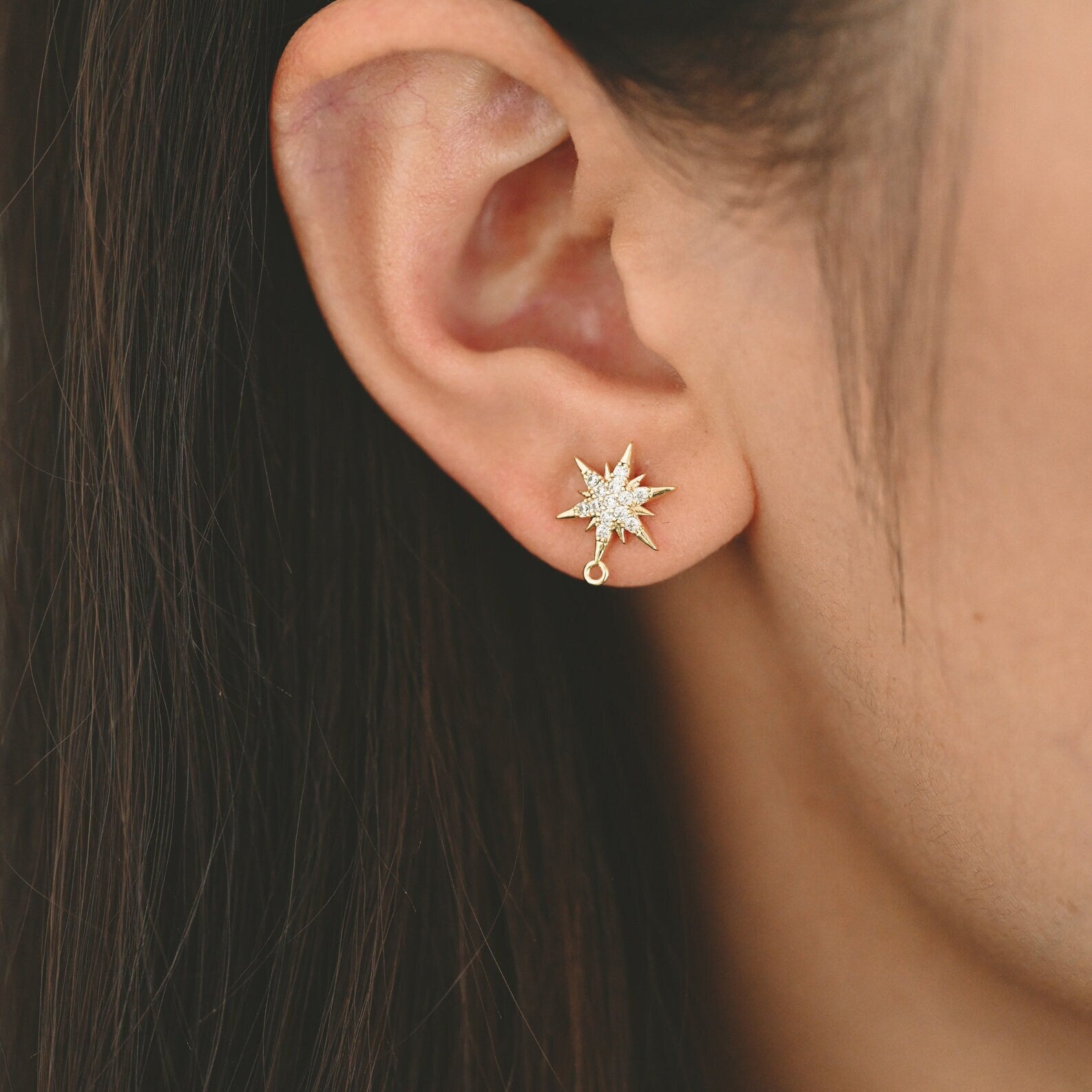 4pcs CZ Pave Hexagram Earrings, 13x10mm, Real Gold Plated Brass Star Stud Earrings (#GB-2783)