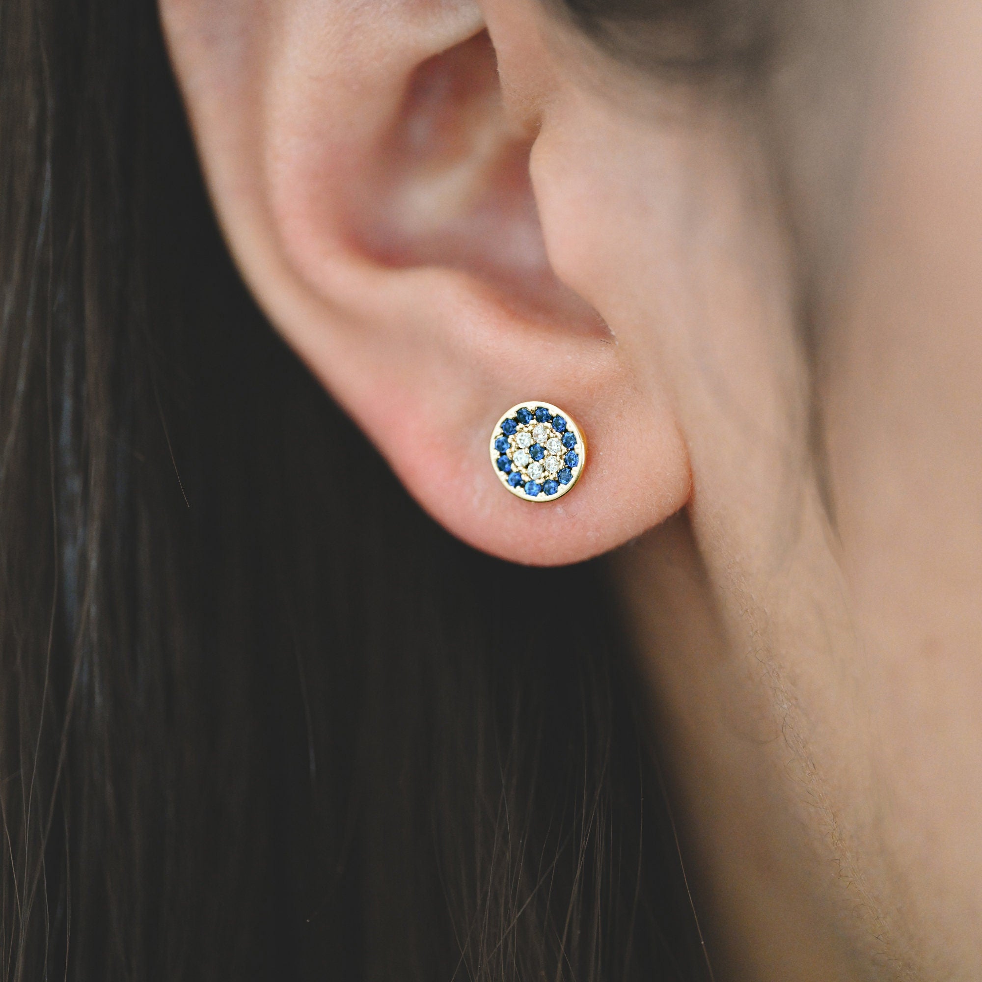 4pcs CZ Pave Round Evil Eye Earring Posts 7mm, Gold Plated Brass Stud Earrings (#GB-2930)